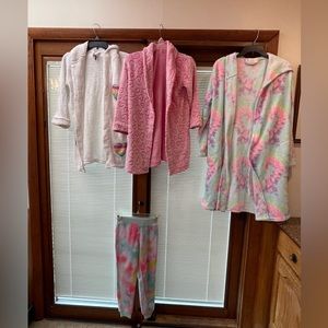 Sleep wear. 2 girls robes with 1 pajama bottom and 1 adult women’s robe.